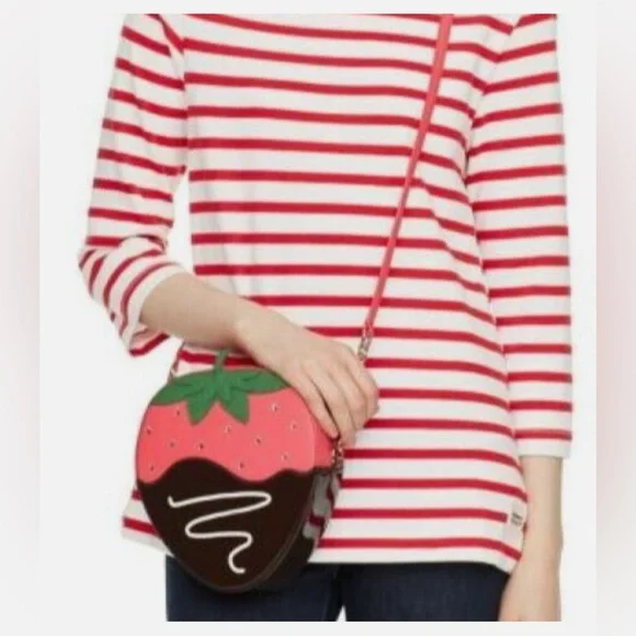 Kate Spade “Creme De La Crème” Chocolate Strawberry Leather Crossbody Bag Purse - Picture 9 of 9